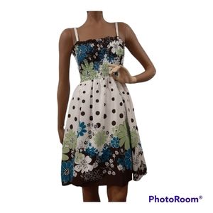 Halo sundress dress boho  flowers elastic top polka dots cream blue summer M